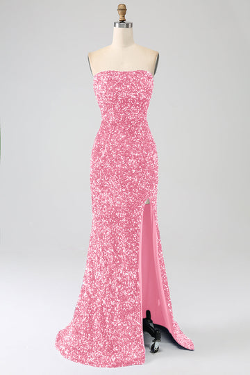 Rosa sirena senza spalline paillettes abito lungo da ballo con fessura